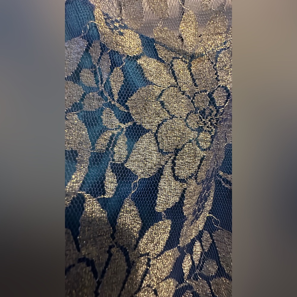 Custom Prom dress (Silver Lace with Teal/Blue lining, mesh top, and petticoat) - Picture 3 of 10